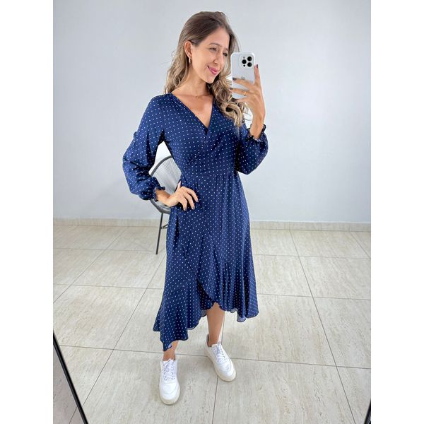 VESTIDO MIDI ENVELOPE MANGA LONGA POA AZUL MARINHO 