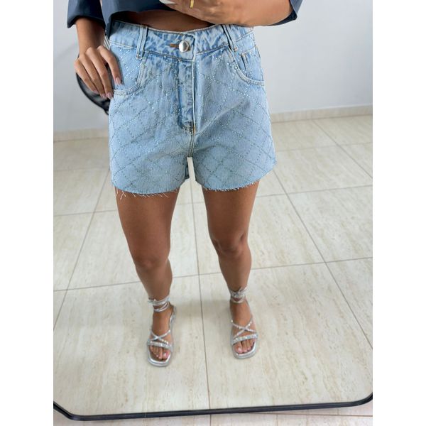 SHORT JEANS CORTE LASER BRILHO JEANS CLARO