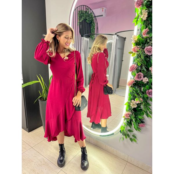 VESTIDO MIDI ENVELOPE MANGA LONGA MARSALA LISO