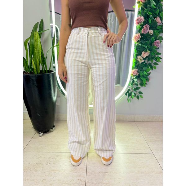 CALÇA PANTALONA LISTRAS LINHO NUDE