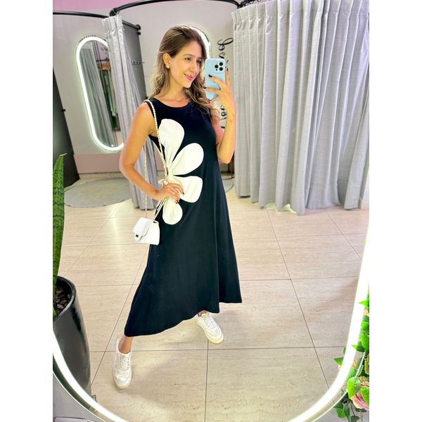 VESTIDO MIDI FLOR AMARRAÇÃO PRETO