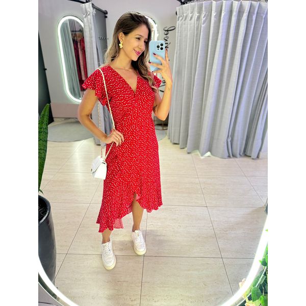 VESTIDO MIDI ENVELOPE MANGA CURTA POA VERMELHO