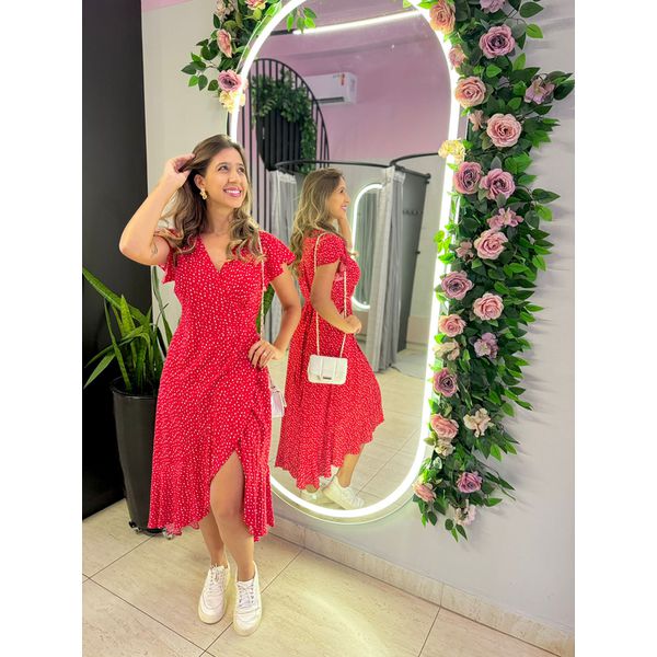 VESTIDO MIDI ENVELOPE MANGA CURTA POA VERMELHO