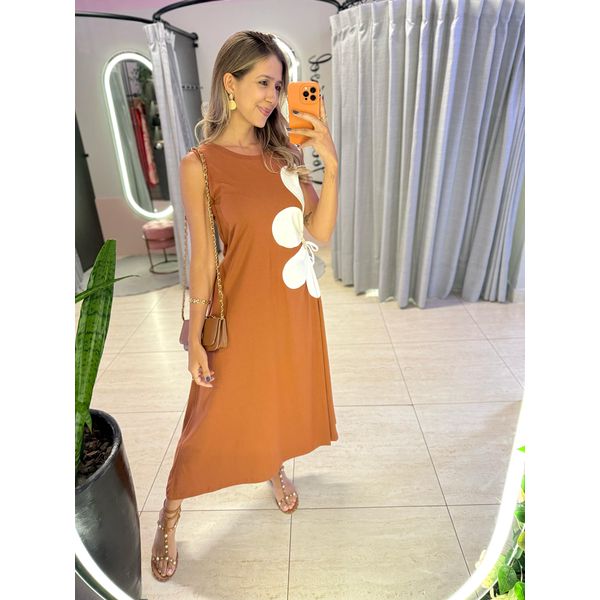 VESTIDO MIDI FLOR AMARRAÇÃO CARAMELO