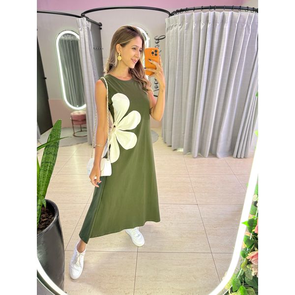 VESTIDO MIDI FLOR AMARRAÇÃO VERDE MILITAR