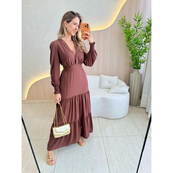 VESTIDO MANGA LONGA VALENTINA MARROM LISO