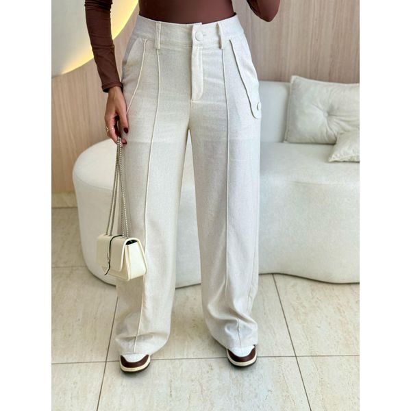 CALÇA PANTALONA LINHO BOTÃO CRU