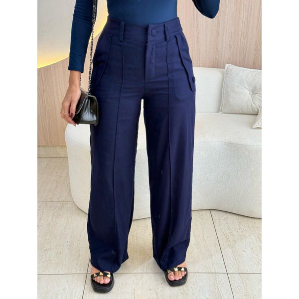 CALÇA PANTALONA LINHO BOTÃO AZUL MARINHO