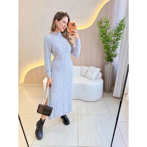 VESTIDO MIDI TRICOT MOUSSE CINZA