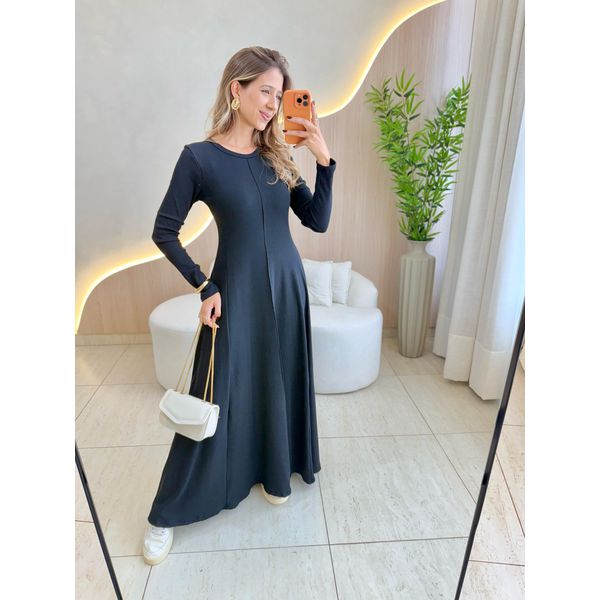 VESTIDO YASMIN CANELADO MANGA LONGA PRETO