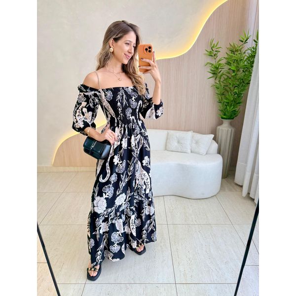 VESTIDO MIDI FERNANDA PRETO ESTAMPADO