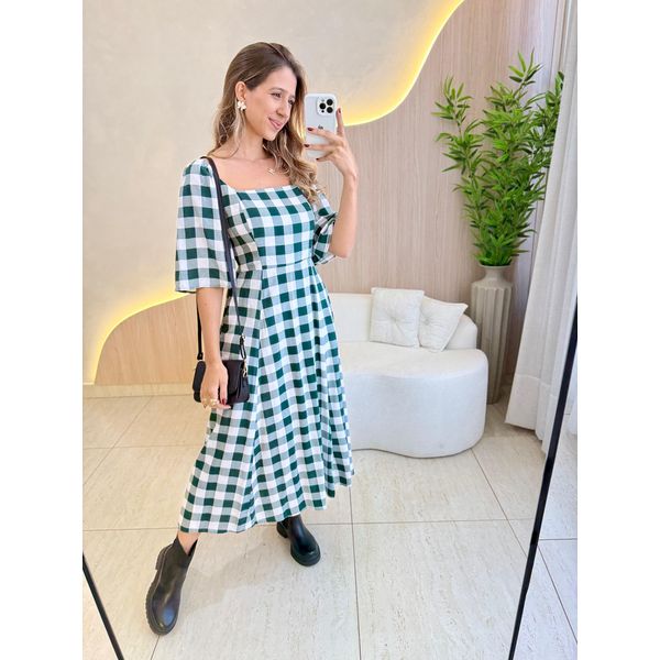 VESTIDO MIDI CATARINE XADREZ VERDE
