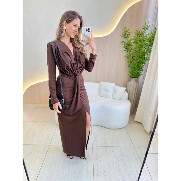 VESTIDO MIDI PÉROLA MARROM