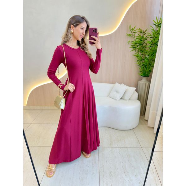 VESTIDO YASMIN CANELADO MANGA LONGA MARSALA
