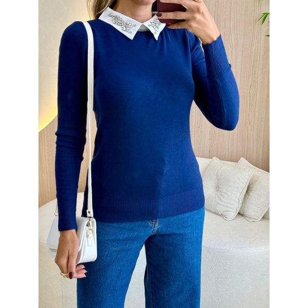 BLUSA MANGA LONGA PEDRARIA AZUL MARINHO