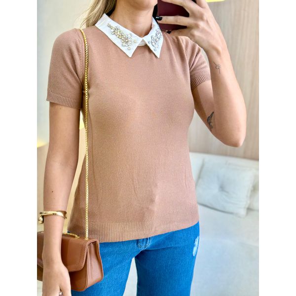 BLUSA MANGA CURTA PEDRARIA MARROM