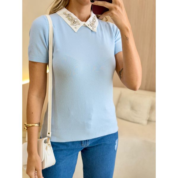 BLUSA MANGA CURTA PEDRARIA AZUL
