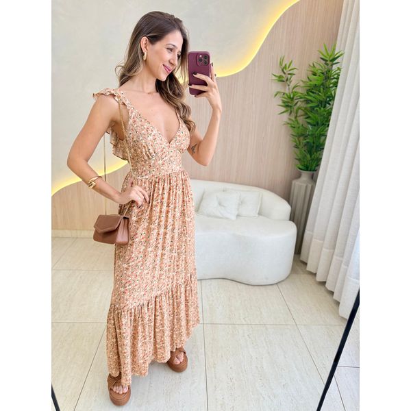 VESTIDO MIDI JAQUE NUDE FLORZINHA
