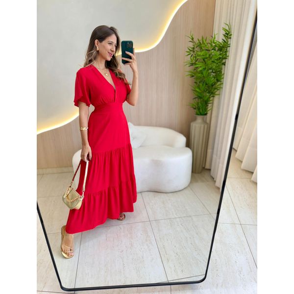 VESTIDO VALENTINA MANGA CURTA VERMELHO LISO