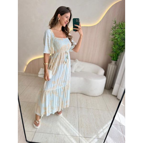 VESTIDO FERNANDA MANGA CURTA VERDE/ NUDE