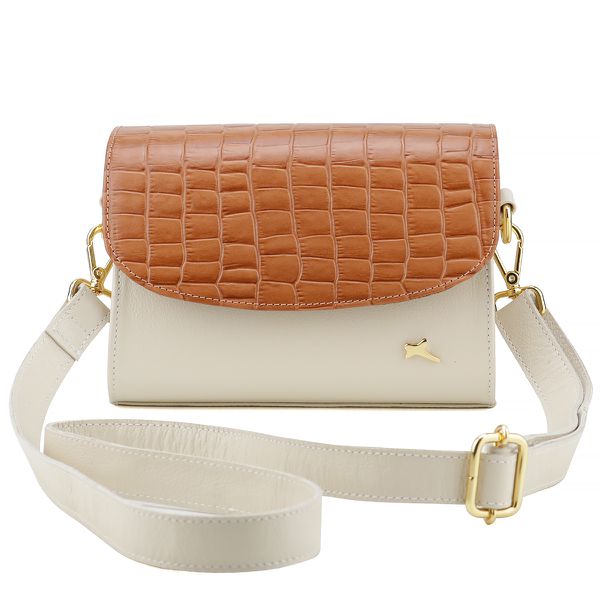 Bolsa Stella Tiracolo Mr. Gutt em Couro Legítimo OffWhite / Caramelo Croco - Ref-B-815-OffWhite / Caramelo Croco