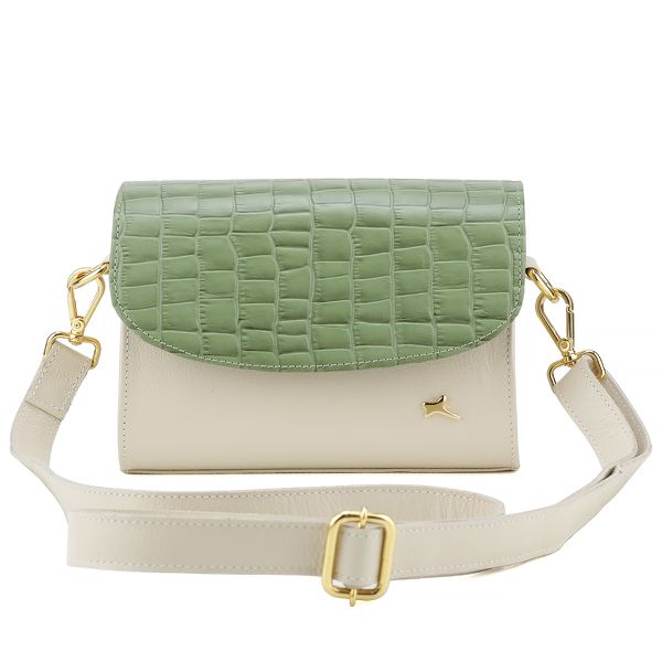 Bolsa Stella Tiracolo Mr. Gutt em Couro Legítimo Off White / Verde Croco- Ref-B-815-Off White / Verde Croco