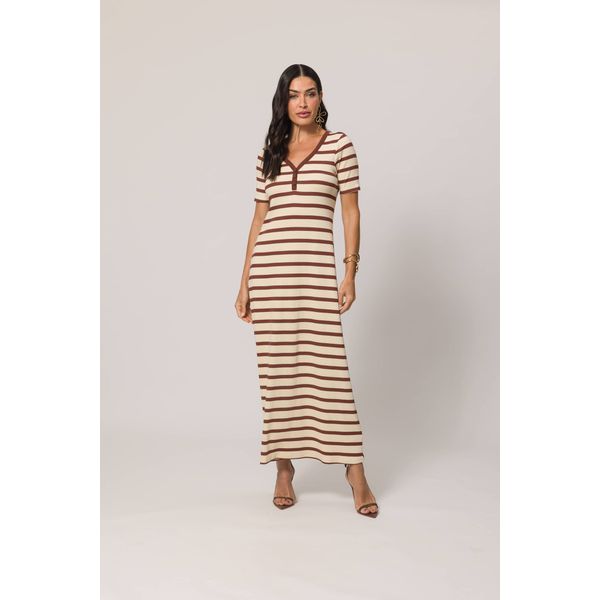 Vestido Listrado Longo Doce Trama 105523 Marrom