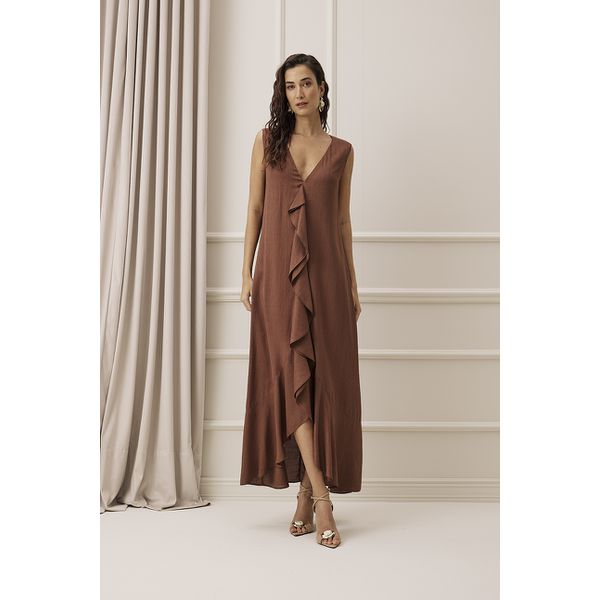 Vestido Longo Charry Com Babados 426195 Marrom