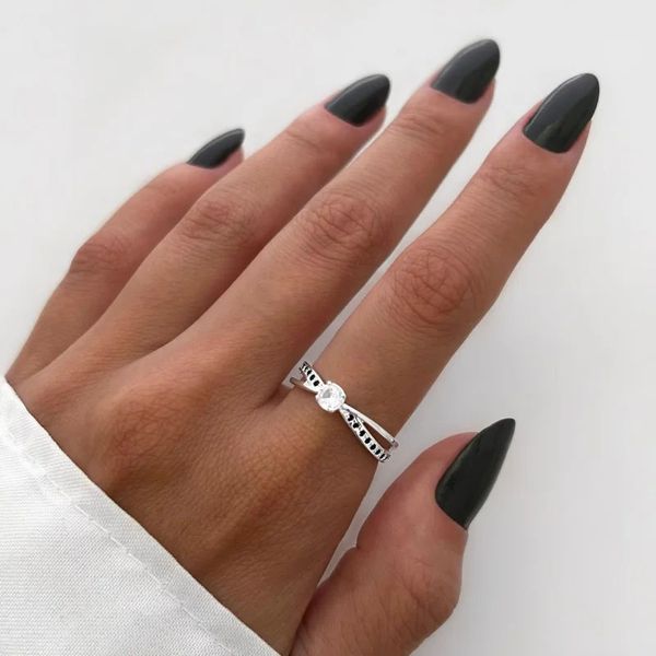 ANEL SOLITÁRIO DOIS FIOS ZIRCÔNIA ONIX PRATA 925 - My Prata Joias