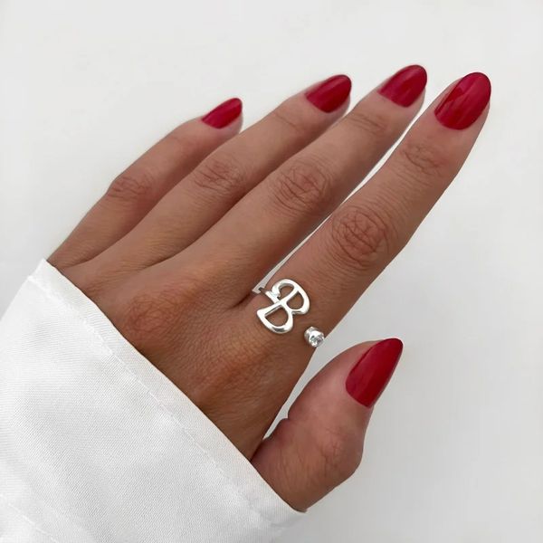 ANEL REGULÁVEL LETRA B ZIRCÔNIA CRISTAL PRATA 925 - My Prata Joias