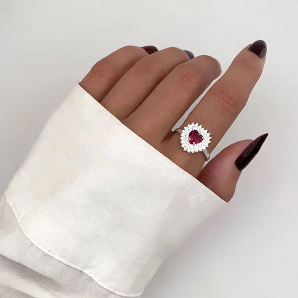 ANEL CORAÇÃO ZIRCÔNIA ROSA E CRISTAL PRATA 925 - My Prata Joias