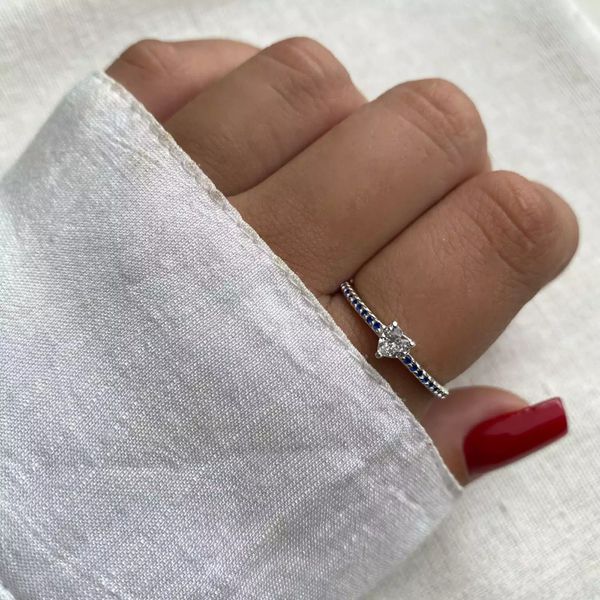 ANEL SOLITÁRIO CORAÇÃO CRISTAL E AZUL ESCURO PRATA... - My Prata Joias