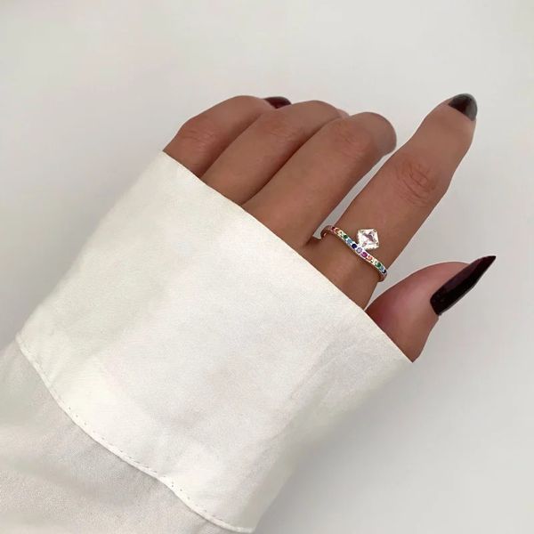 ANEL ZIRCÔNIA ROSA CLARO E COLORIDA PRATA 925 - My Prata Joias