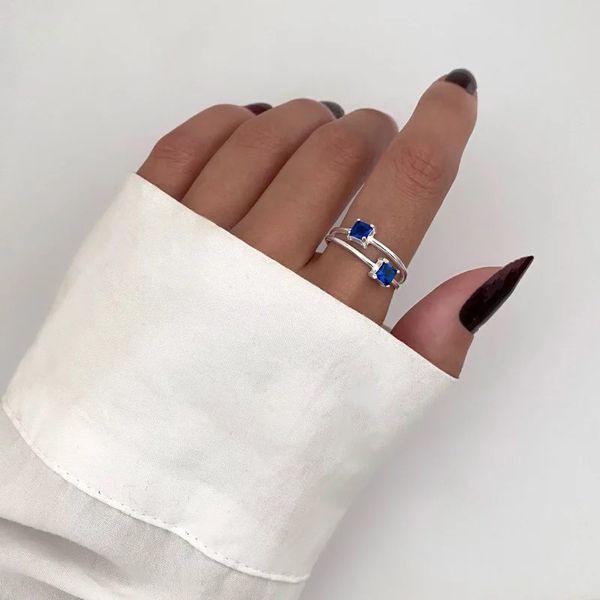 ANEL QUADRADO ZIRCÔNIA AZUL PRATA 925 - My Prata Joias