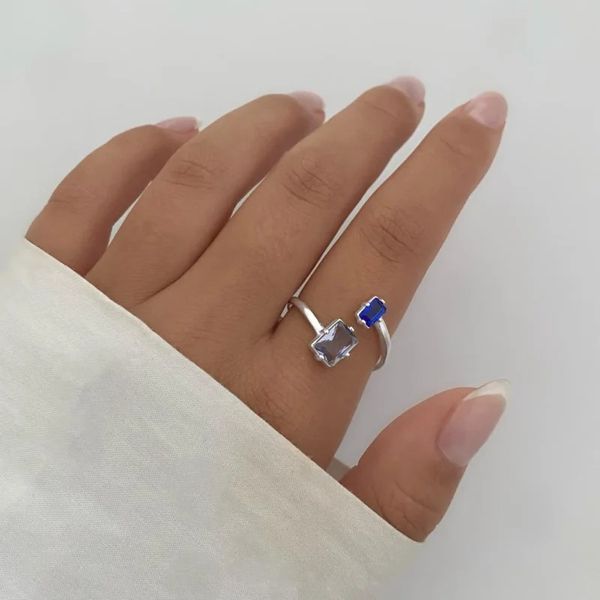 ANEL ZIRCÔNIA AZUL E LILÁS RETANGULAR REGULÁVEL PR... - My Prata Joias