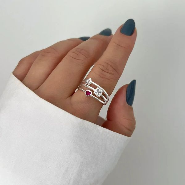 ANEL TRÊS FIOS ESTRELA VAZADA CORAÇÃO ZIRCÔNIA ROS... - My Prata Joias