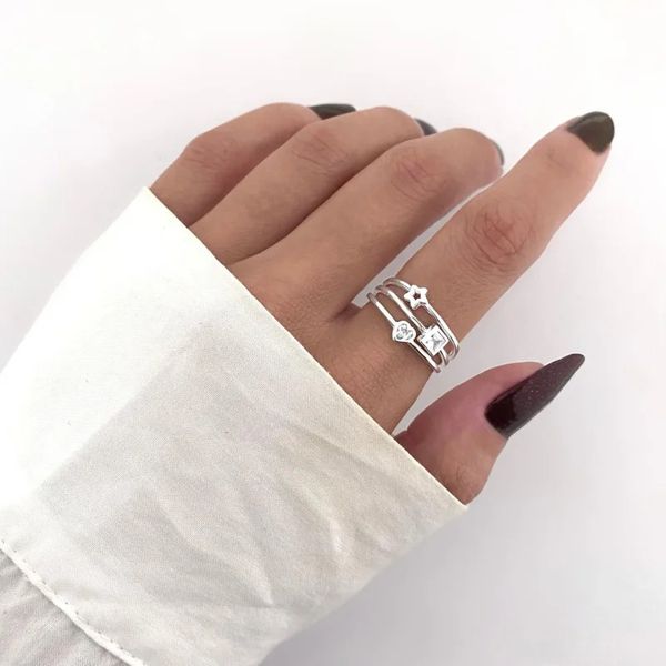 ANEL ESTRELA VAZADA COM CORAÇÃO E QUADRADO ZIRCÔNI... - My Prata Joias