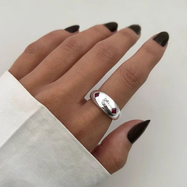 ANEL ABAULADO CORAÇÃO CRISTAL / ROSA PRATA 925 - My Prata Joias