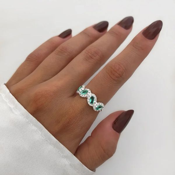 ANEL OVAL ZIRCÔNIA VERDE TURMALINA E CRISTAL PRATA... - My Prata Joias