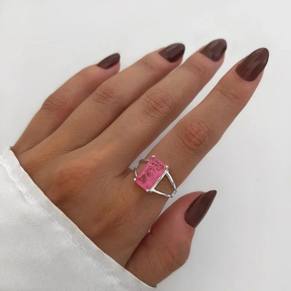 ANEL QUADRADO ZIRCÔNIA ROSA CHICLETE PRATA 925 - My Prata Joias