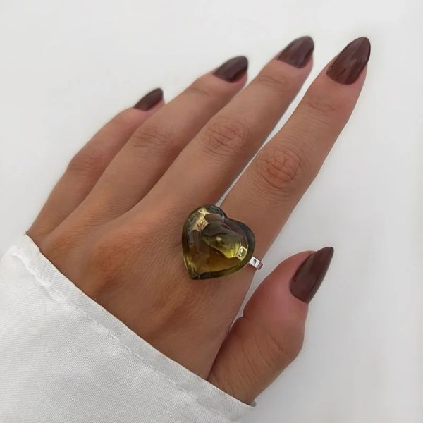 ANEL CORAÇÃO PEDRA NATURAL CITRINO VERDE PRATA 925... - My Prata Joias