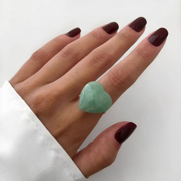 ANEL CORAÇÃO PEDRA NATURAL QUARTZO VERDE PRATA 925... - My Prata Joias