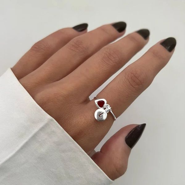 ANEL ARO FINO PLACA LETRA L CORAÇÃO VERMELHO PRATA... - My Prata Joias
