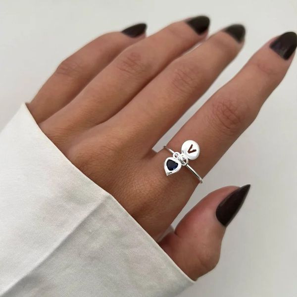 ANEL ARO FINO PLACA LETRA V CORAÇÃO LAVANDA PRATA ... - My Prata Joias