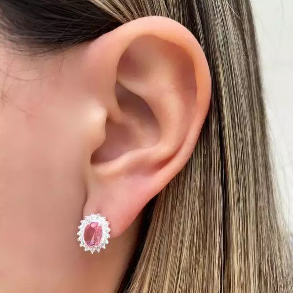 BRINCO OVAL ZIRCÔNIA ROSA CLARO ZIRCÔNIA CRISTAL P... - My Prata Joias