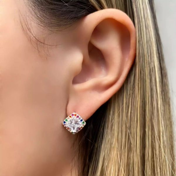 BRINCO LOSANGO ZIRCÔNIA CRISTAL E COLOR PRATA 925 - My Prata Joias