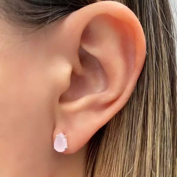 BRINCO GOTA ROSA CLARO LEITOSO PRATA 925 - My Prata Joias