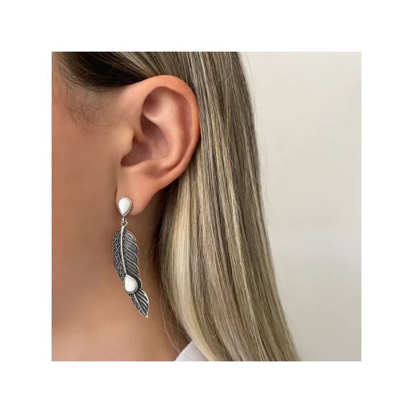 BRINCO PENA INDIANO PEDRA BRANCA PRATA 925 - My Prata Joias