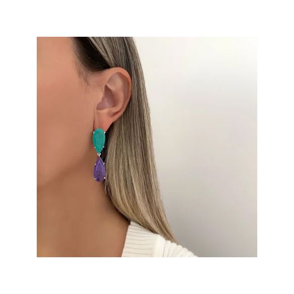 BRINCO DUPLO GOTA ZIRCÔNIA VERDE E ROXO PRATA 925 - My Prata Joias