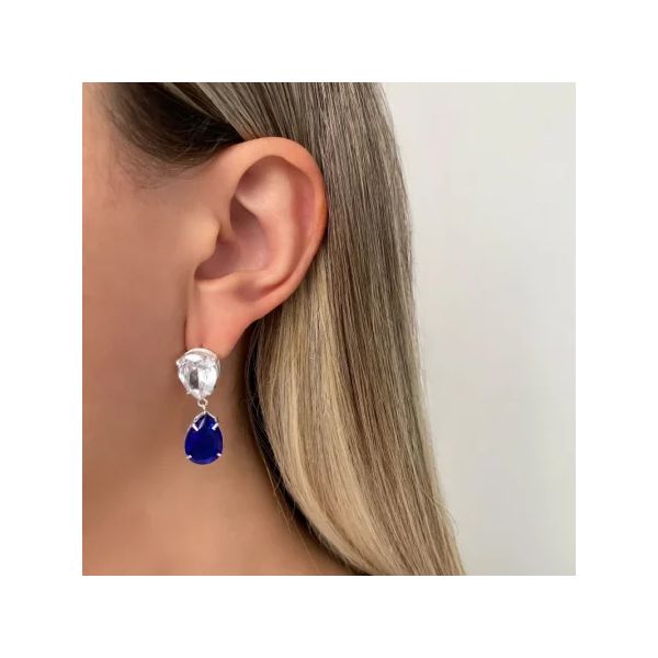 BRINCO GOTA DUPLA ZIRCÔNIA CRISTAL E AZUL ESCURO P... - My Prata Joias